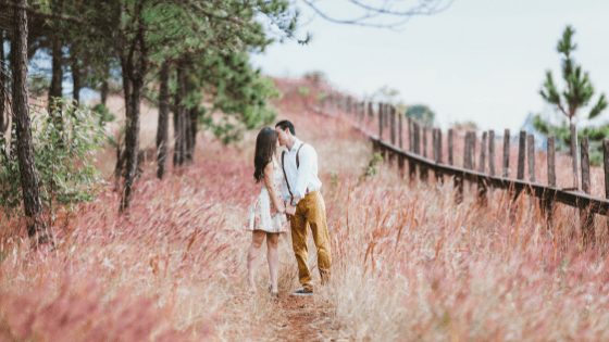 A couple kissing in a field of flowers